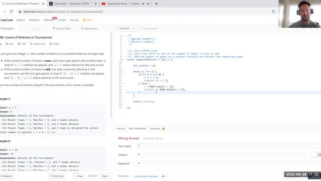 1688. Count of Matches in Tournament - Javascript - Time: O(?) Space: O(1) - Leetcode смотреть онлайн