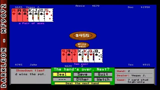 Amarillo Slim's 7 Card Stud © 1992 Villa Crespo Software - PC DOS - Gameplay смотреть онлайн