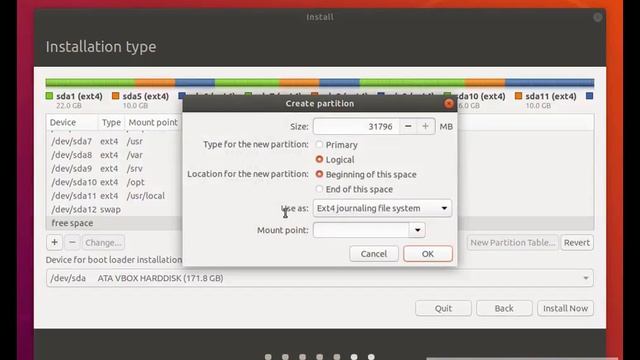 Manual Partitioning of HardDisk in Ubuntu Desktop 18.04 LTS in VirtualBox 5.2 for Beginners смотреть онлайн