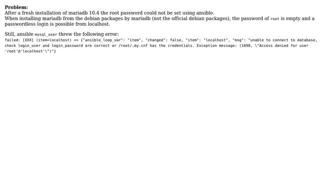 Can't set root password after fresh installation of mariadb using ansible смотреть онлайн