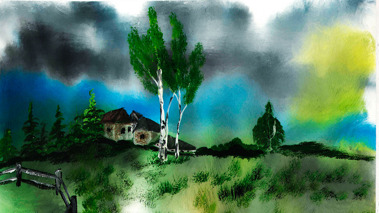 Как нарисовать грозу. Пасмурный, летний день гуашью. Лето красками. смотреть онлайн