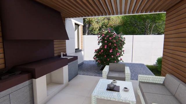 Проект одноэтажного комплекса "Патио" (жилой дом, парковка, хозблок, терраса, гостевой дом) смотреть онлайн