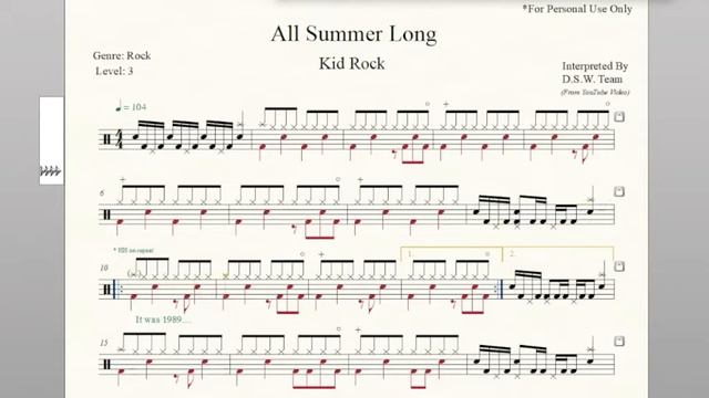 Drum Score - Kid Rock - All Summer Long (Sample) смотреть онлайн
