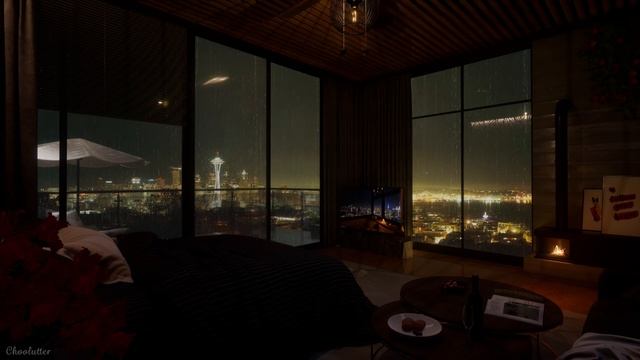 Cozy Bedroom With A Beautiful Rainy Night View Of Seattle | Rain, RainOnWindow, Fireplace Sounds