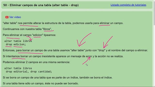 MySQL Ejercicio: 310 Introducción al Comando ALTER TABLE DROP para Eliminar un Campo de una Tabla смотреть онлайн
