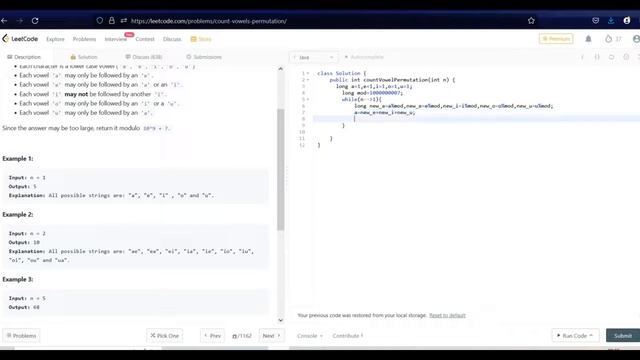 1220. Count Vowels Permutation | java solution | leetcode 1220 смотреть онлайн