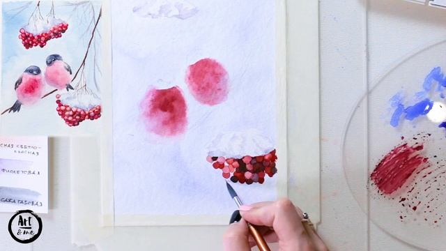 Акварельный зимний сюжет "Снегири". Подробный онлайн урок по акварельной живописи. смотреть онлайн