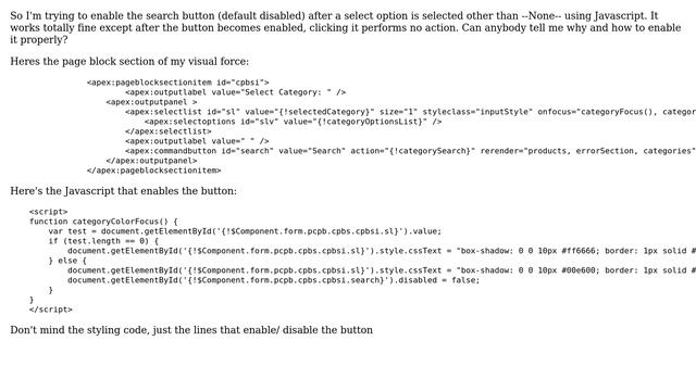 Salesforce: Enabling a disabled button using Javascript in visual force negates its 'action' смотреть онлайн