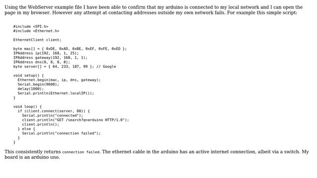 Arduino: Ethernet shield connected to local network, not to internet смотреть онлайн