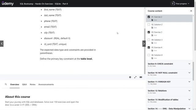SQL Bootcamp - Hands-On Exercises - SQLite - Part II - Udemy смотреть онлайн