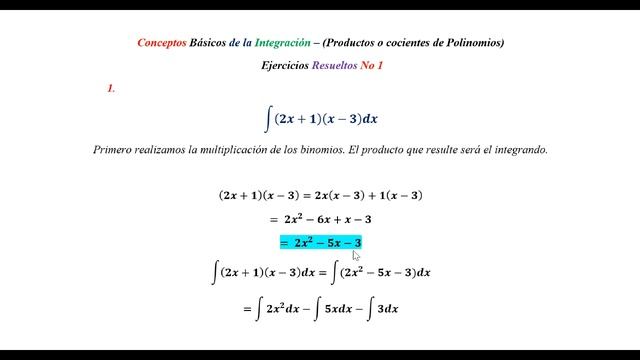 Integral de ∫(2x+1)(x-3)dx - Productos o cocientes de Polinomios | Ejercicio Resuelto No 1 смотреть онлайн