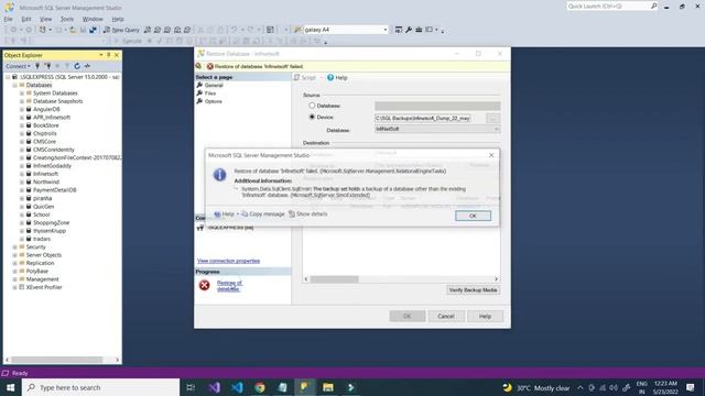 Restore of database failed | The backup set holds a backup of a database other than the existing смотреть онлайн