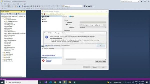 Restore of database failed | The backup set holds a backup of a database other than the existing