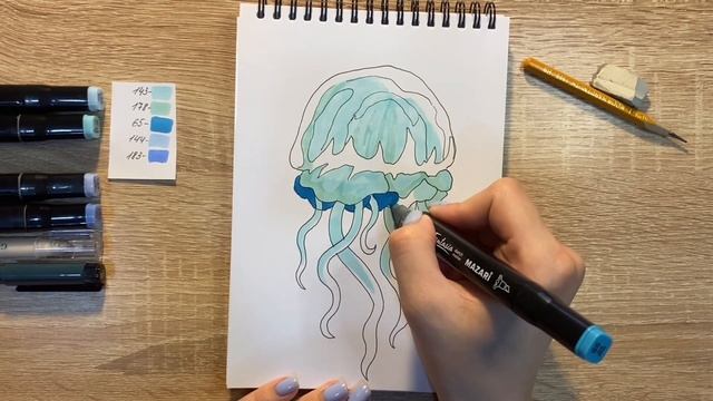 Как нарисовать медузу карандашом и скетч маркерами | Рисунок для детей, поэтапно и легко смотреть онлайн
