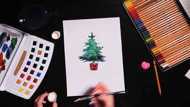 Как нарисовать Новогоднюю ёлку. Делаем Рождественскую открытку. смотреть онлайн