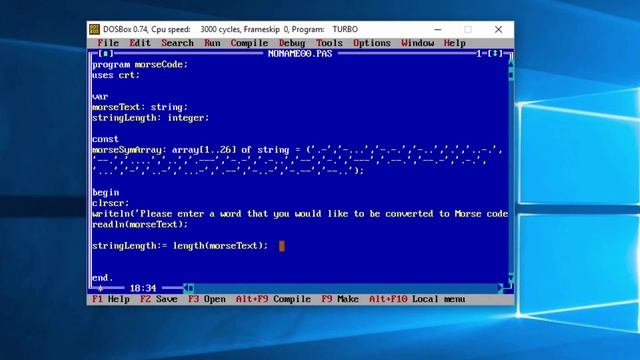 Turbo Pascal 7.1 on Windows 10 Text to Morse Code program part 2. смотреть онлайн