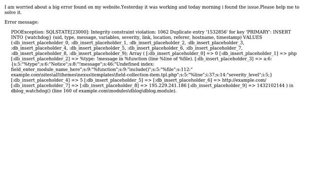 PDOException: SQLSTATE[23000]: Integrity constraint violation: 1062 Duplicate entry '1532856'... смотреть онлайн