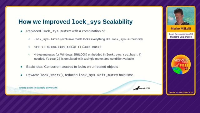 MariaDB 10.6 SUX locks for improved performance - Marko Mäkelä - MariaDB Server Fest 2021 смотреть онлайн