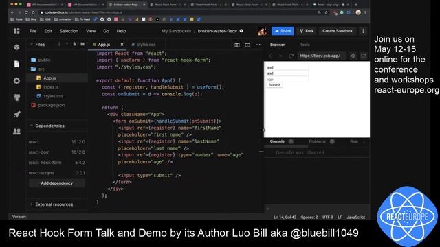 React Hook Form Talk and Demo by its Author Bill Luo aka @bluebill1049 смотреть онлайн