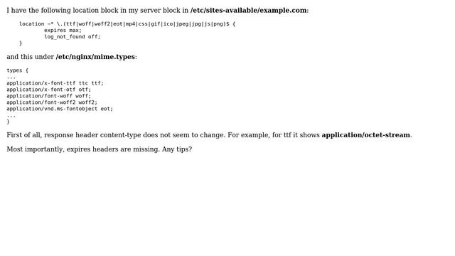 DevOps & SysAdmins: Nginx not adding expires headers to fonts, not changing mime types смотреть онлайн