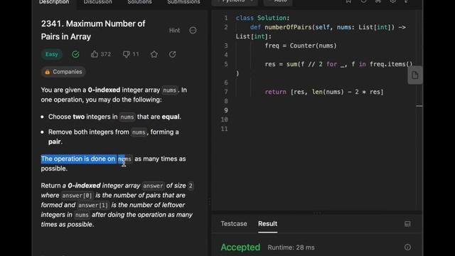 Max Number of Pairs in 9 seconds - Leetcode 2341 - Python #leetcode смотреть онлайн