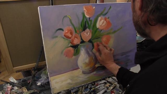 Научиться рисовать цветы в вазе, Сахаров, тюльпаны маслом на холсте смотреть онлайн