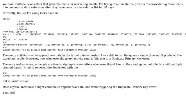 Salesforce: Error with Duplicate Primary key in Marketing Cloud SQL смотреть онлайн