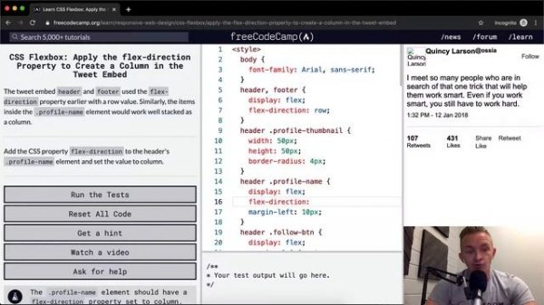 CSS Flexbox - Apply the flex-direction Property to Create a Column in the Tweet Embed