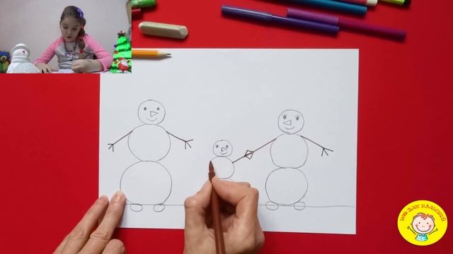 Рисуем СЕМЬЮ СНЕГОВИКОВ. УРОК 36. Тема: "семья снеговиков"- цветные карандаши смотреть онлайн