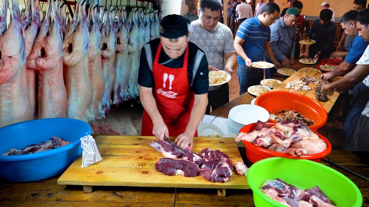 Приготовление плова из бараньих хвостов и говядины на 800 человек