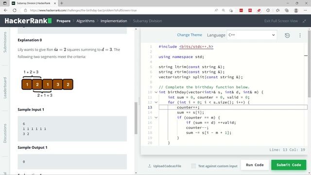 Subarray Division HackerRank Solution in C++ смотреть онлайн
