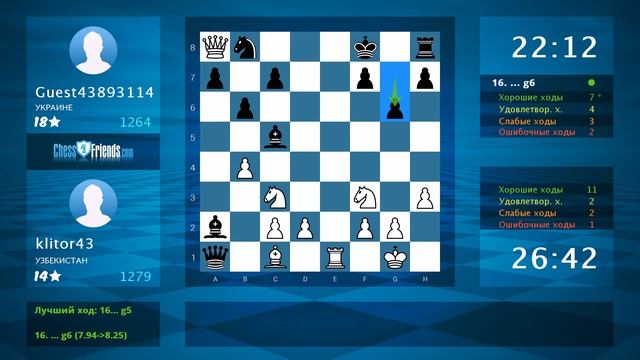 Анализ шахматной партии: klitor43 - Guest43893114, 1-0 (по ChessFriends.com) смотреть онлайн