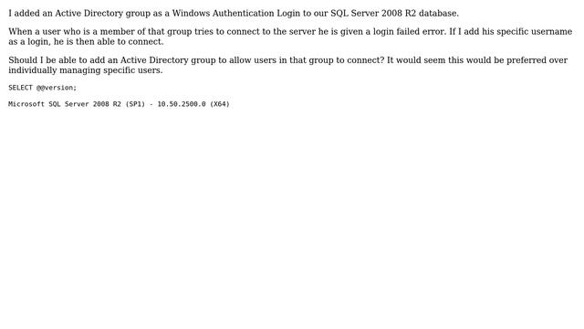 Login to SQL Server 2k8 R2 SP1 via Active Directory Group смотреть онлайн