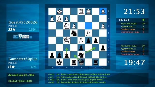 Анализ шахматной партии: Guest45520026 - Gamester60plus, 0.5-0.5 (по ChessFriends.com)