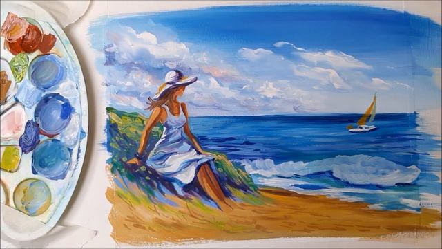 КАК НАРИСОВАТЬ КАРТИНУ "ДЕВУШКА У МОРЯ" ГУАШЬЮ ПОЭТАПНО. РИСУЕМ ДЕВУШКУ У МОРЯ.? смотреть онлайн