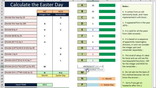 Excel 2013 Video 15 Calculate the EASTER DAY with Excel ORIGINAL METHOD смотреть онлайн