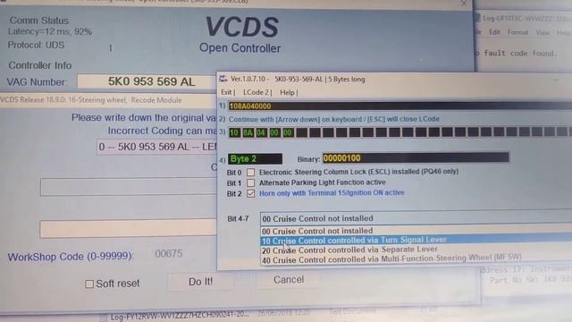 VCDS Coding Of Genuine VW 5K0953569AL For Cruise, Same Process For 5K0953569H