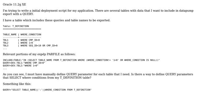 Databases: Oracle EXPDP using QUERY parameter with results from SELECT смотреть онлайн