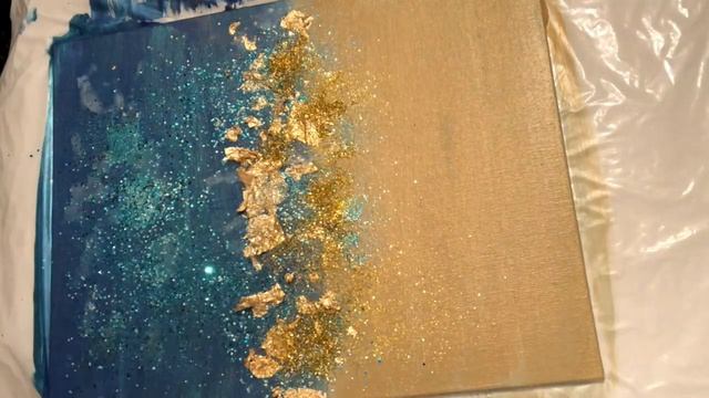 DIY Blue, Teal Gold Leaf Glitter Abstract Canvas Wall Art смотреть онлайн