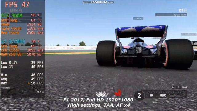 Nvidia GTX 960M (Laptop) F1 2017 fps test (Low, Medium, High, Very High settings 1080p) смотреть онлайн