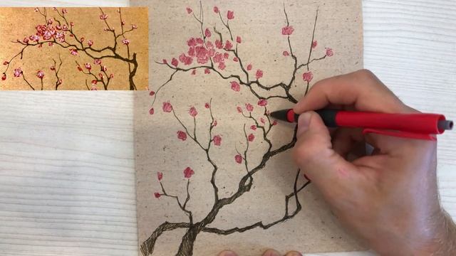 Как нарисовать цветущую сакуру. How to draw a sakura branch (cherry blossom) EASY METHOD смотреть онлайн
