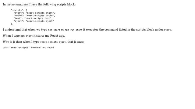Why does "npm start" work but not "react-scripts start" which is what "npm start" apparently... смотреть онлайн