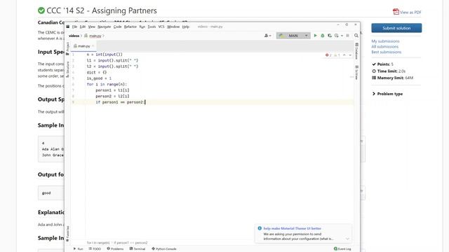 CCC'14 S2 Assigning Partners(Python Solution) смотреть онлайн