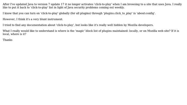 Firefox, how to force a specific plugin (i.e. Java) to always load through 'click-to-play'? смотреть онлайн