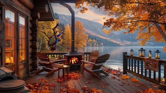 Cozy Autumn Morning Lake Porch Sound Crackling Fireplace, Calm Lake Waves  Nature Sounds Ralaxation