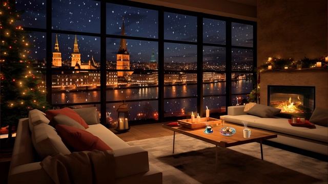 Cozy Bedroom With Soft Piano Jazz Music And Fireplace Crackling  ? Merry Christmas 2024 Background