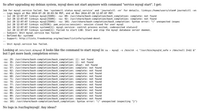 MySQL fail to start bash_completion errors смотреть онлайн