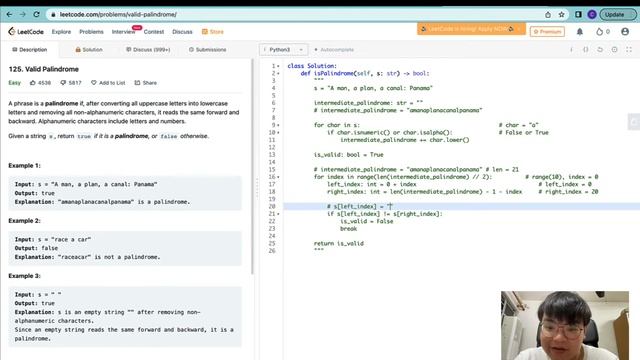 Leetcode Python - Easy - Valid Palindrome (Linear - Two Pointers) смотреть онлайн