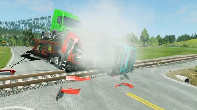 Flatbed Trailer Truck Potholes Transport Car Portal Trap Rescue - Cars vs Speed Bumps - BeamNG.driv смотреть онлайн
