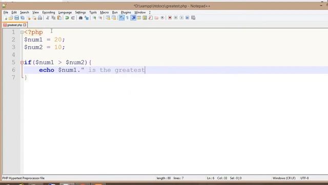 PHP program to find greatest of two numbers. смотреть онлайн